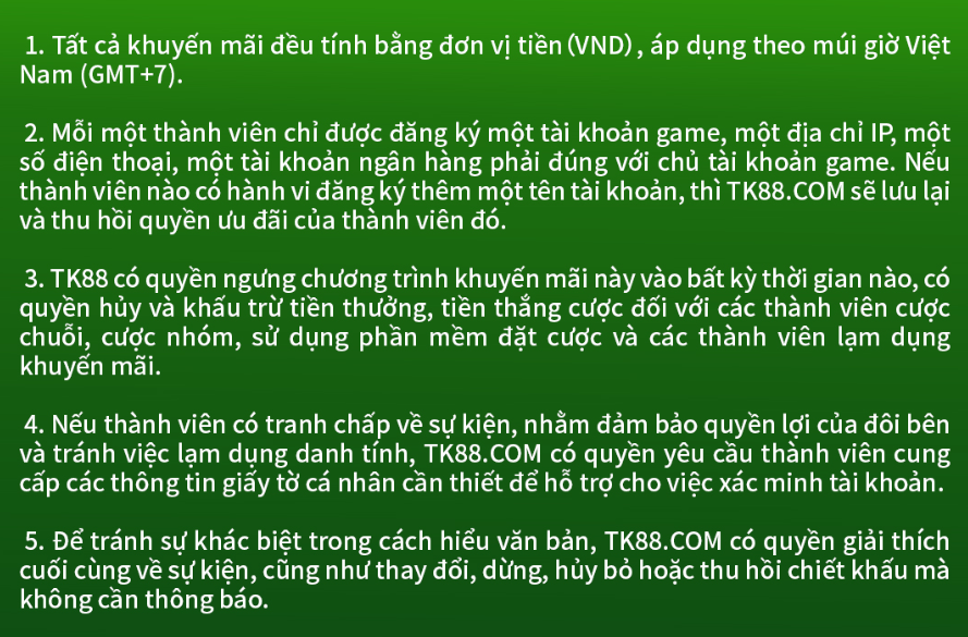 Điều kiện khuyến mãi tại TK88